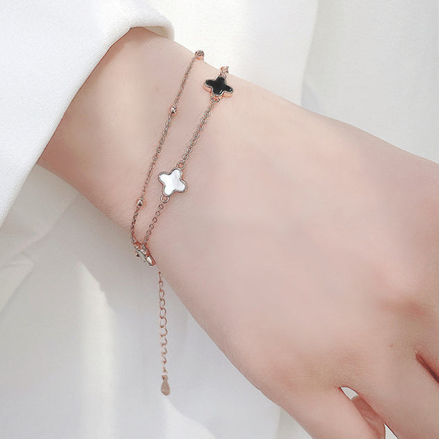 Women 925 Sterling Silver 4 Leaf Clover Layered Bracelet