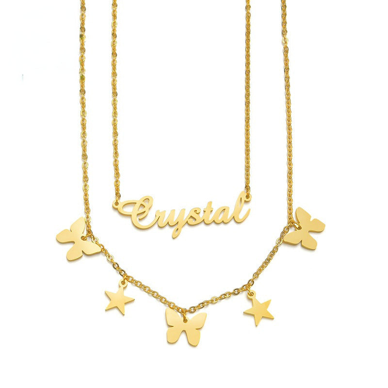 Layered Name Necklace With Butterfly