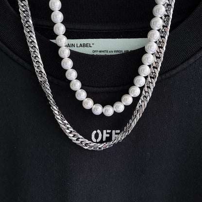 Mens Pearl Chain Layered Necklace