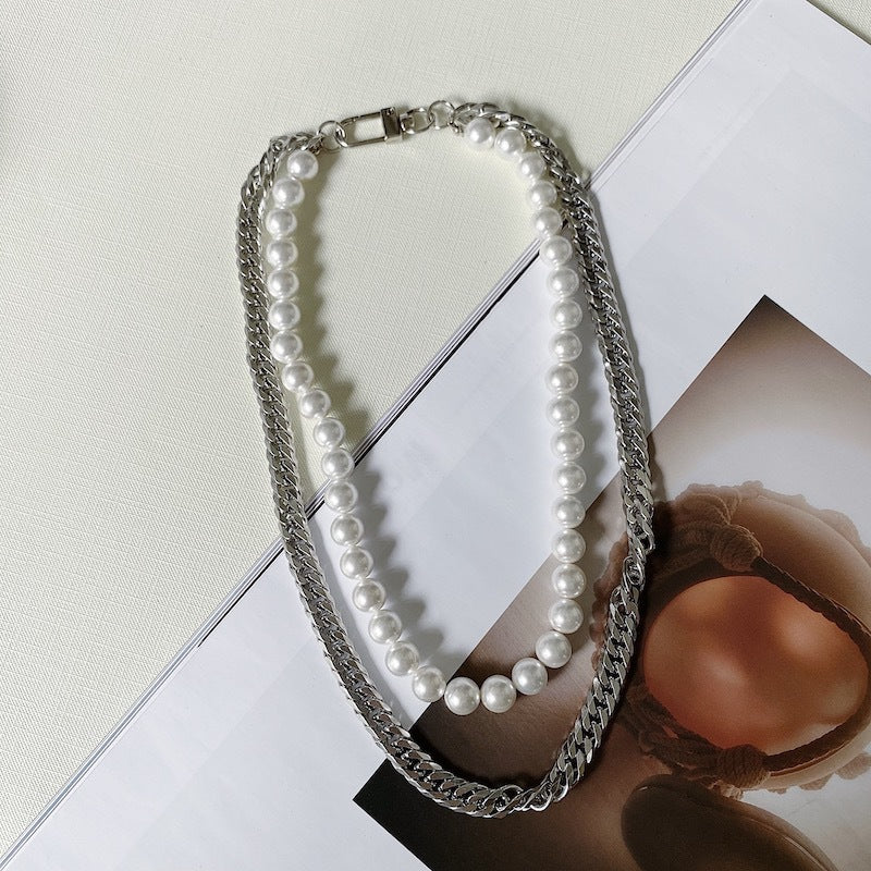 Mens Pearl Chain Layered Necklace