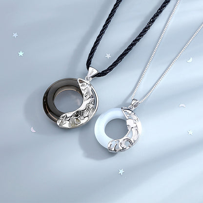 Sterling Silver Couple Necklace Circle Stone Pendant Necklace Chinese Style