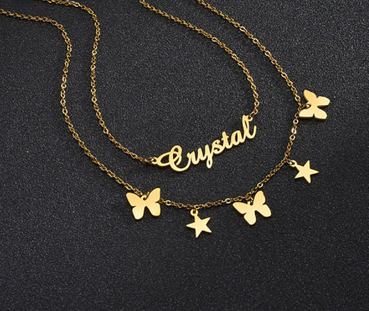 Layered Name Necklace With Butterfly