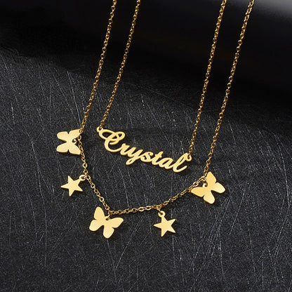 Layered Name Necklace With Butterfly GOLD