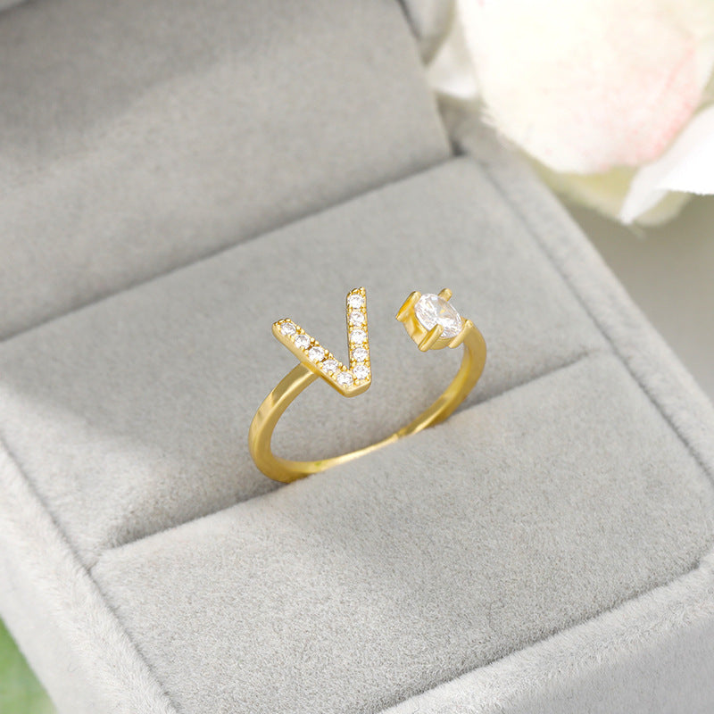 Open Ring In Gemstone With Initials gold V INITIAL