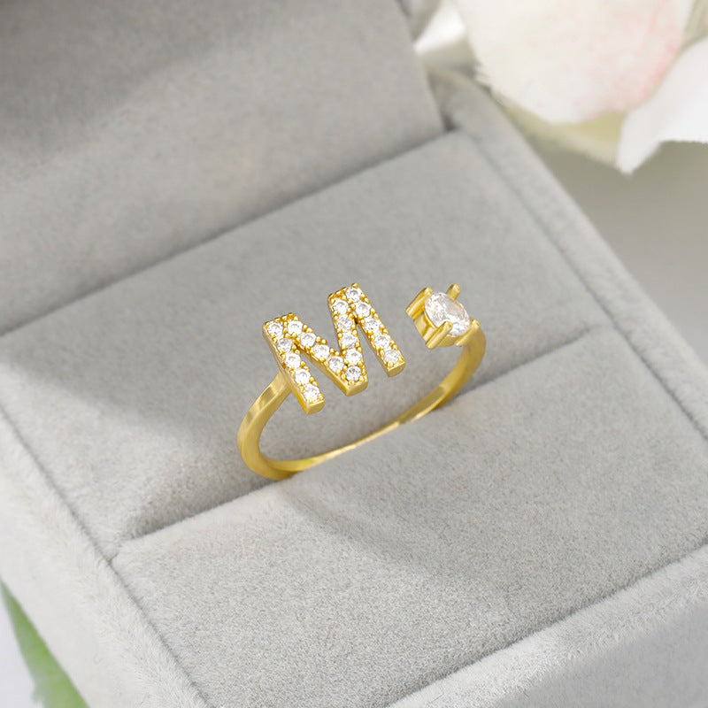 Open Ring In Gemstone With Initials gold M INITIAL