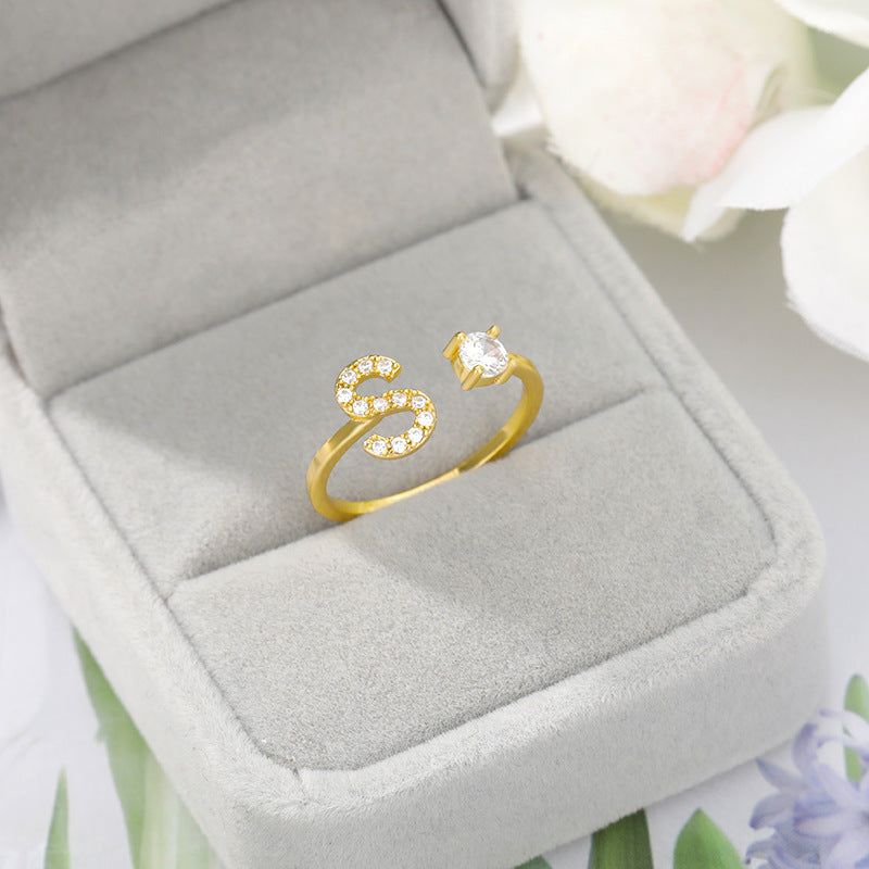 Open Ring In Gemstone With Initials gold S INITIAL