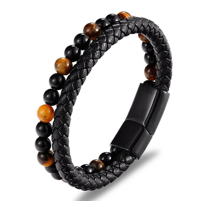 Beads Bracelet For Guys With Woven Leather