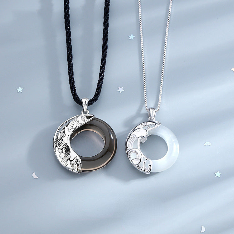 Sterling Silver Couple Necklace Circle Stone Pendant Necklace Chinese Style