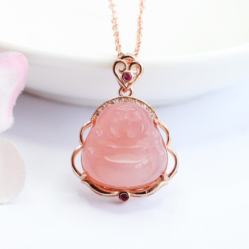 Natural Agate Pink Buddah Necklace 23A1606