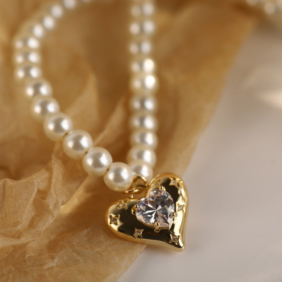 Dainty Pearl Necklace With Heart Pendant