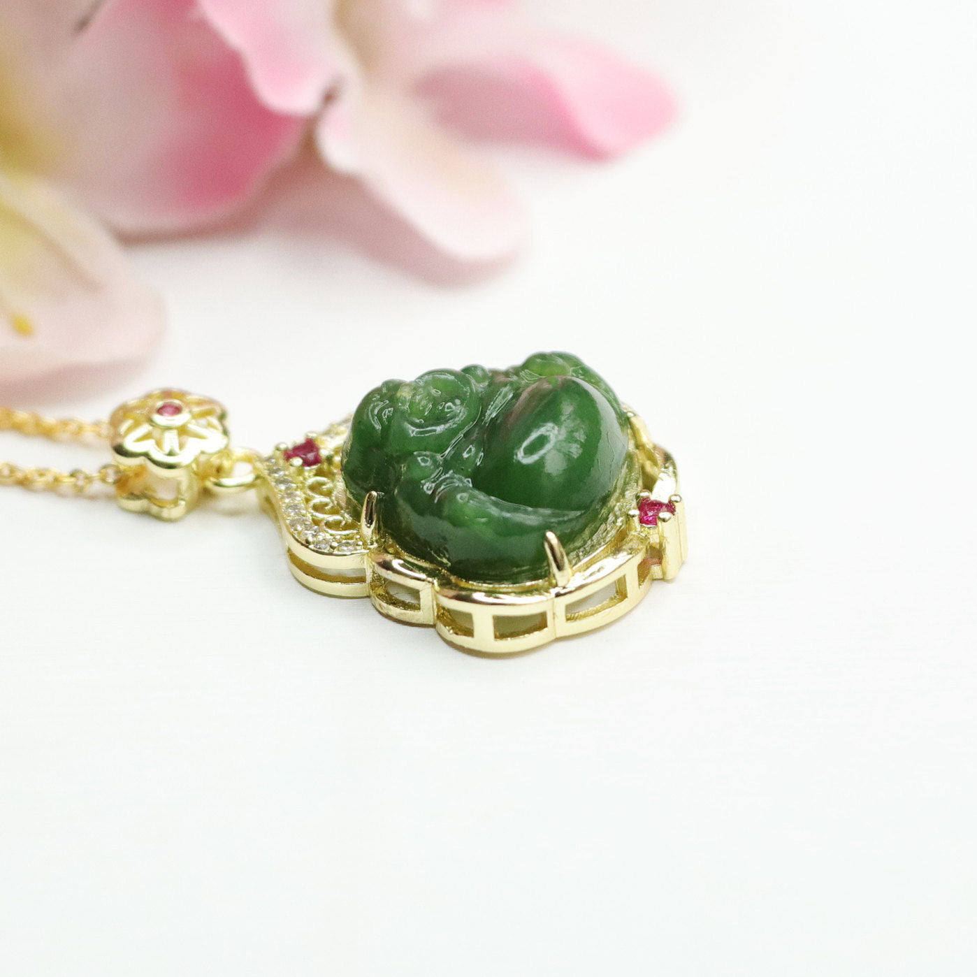 Women Green Jade Smiling Buddha Necklace A160223