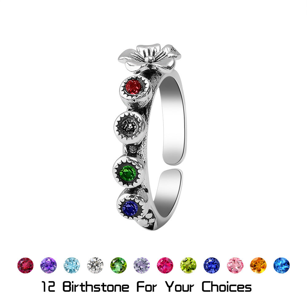 Ancient Silver Vintage Flower Open Ring With Birthstones