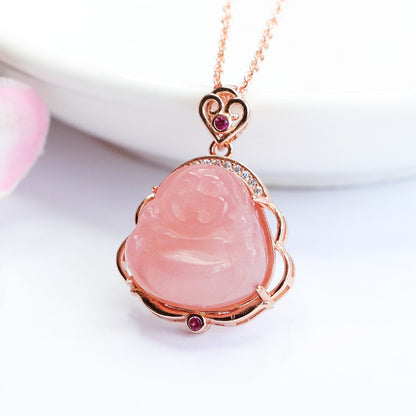 Natural Agate Pink Buddah Necklace 23A1606