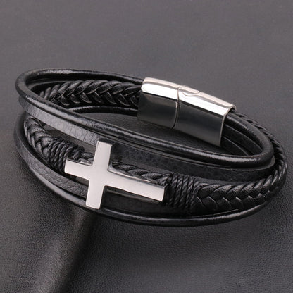 Leather Braided Bracelet Mens Cross Bracelet Black Bracelet For Men
