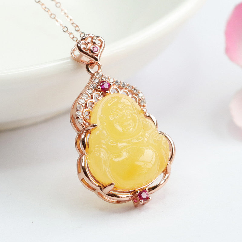 Yellow Natural Amber Buddha Necklace A160323