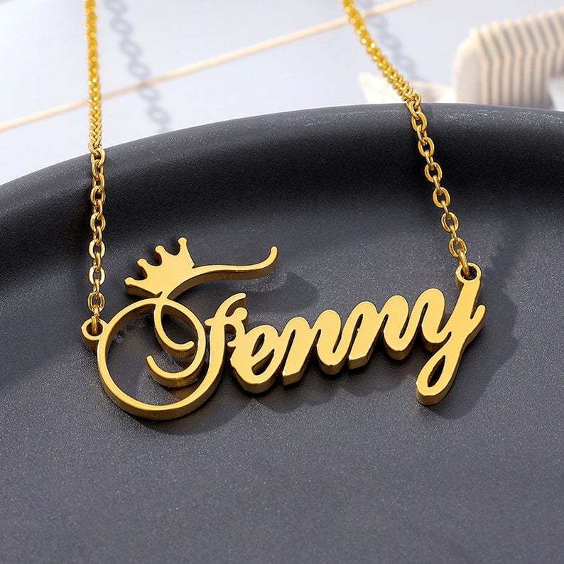 SILVER Name Necklace With Crown GOLD