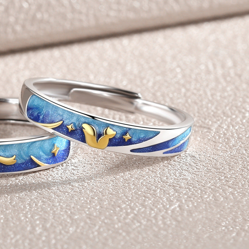 Couple Matching Blue Sterling Silver Enamel Rings