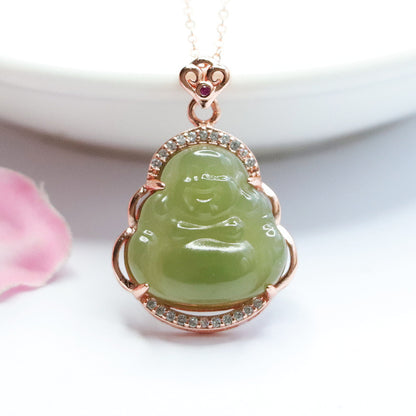 Women Green White Jade Buddha Necklace