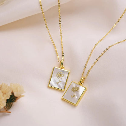 Birth Flower Square Pendant Necklace Dainty Gold Necklace