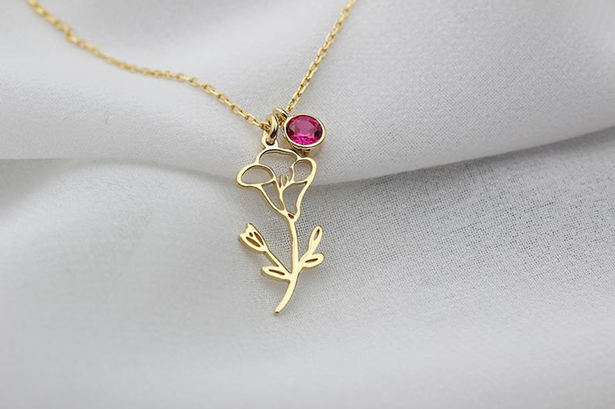 Birth Flower Necklace With Birthstone