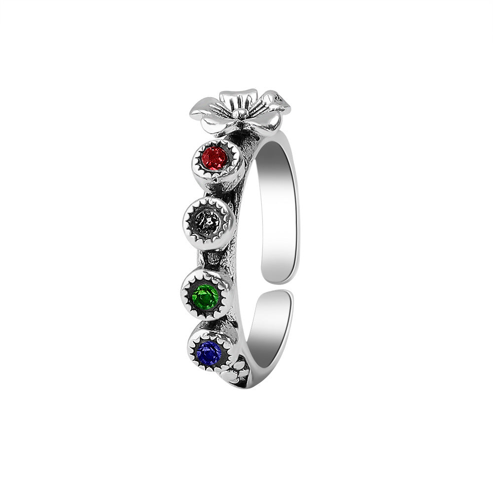 Ancient Silver Vintage Flower Open Ring With Birthstones