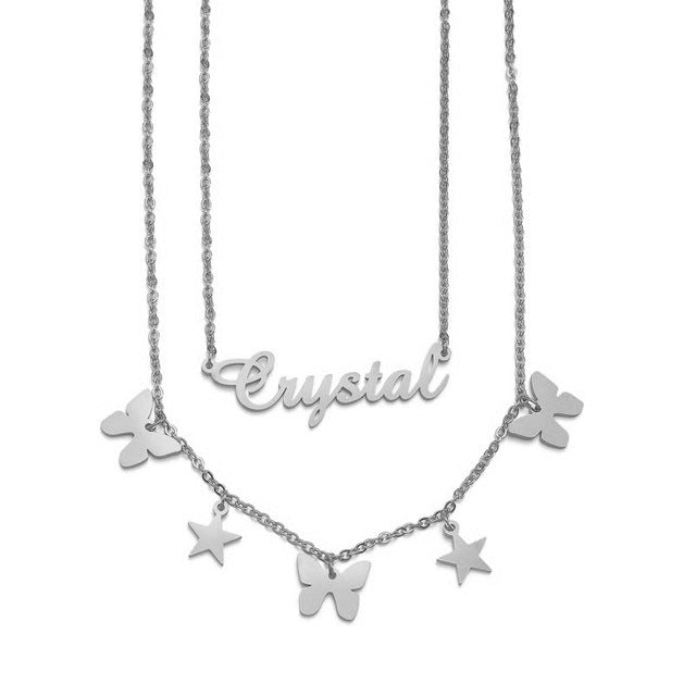 Layered Name Necklace With Butterfly SILVER