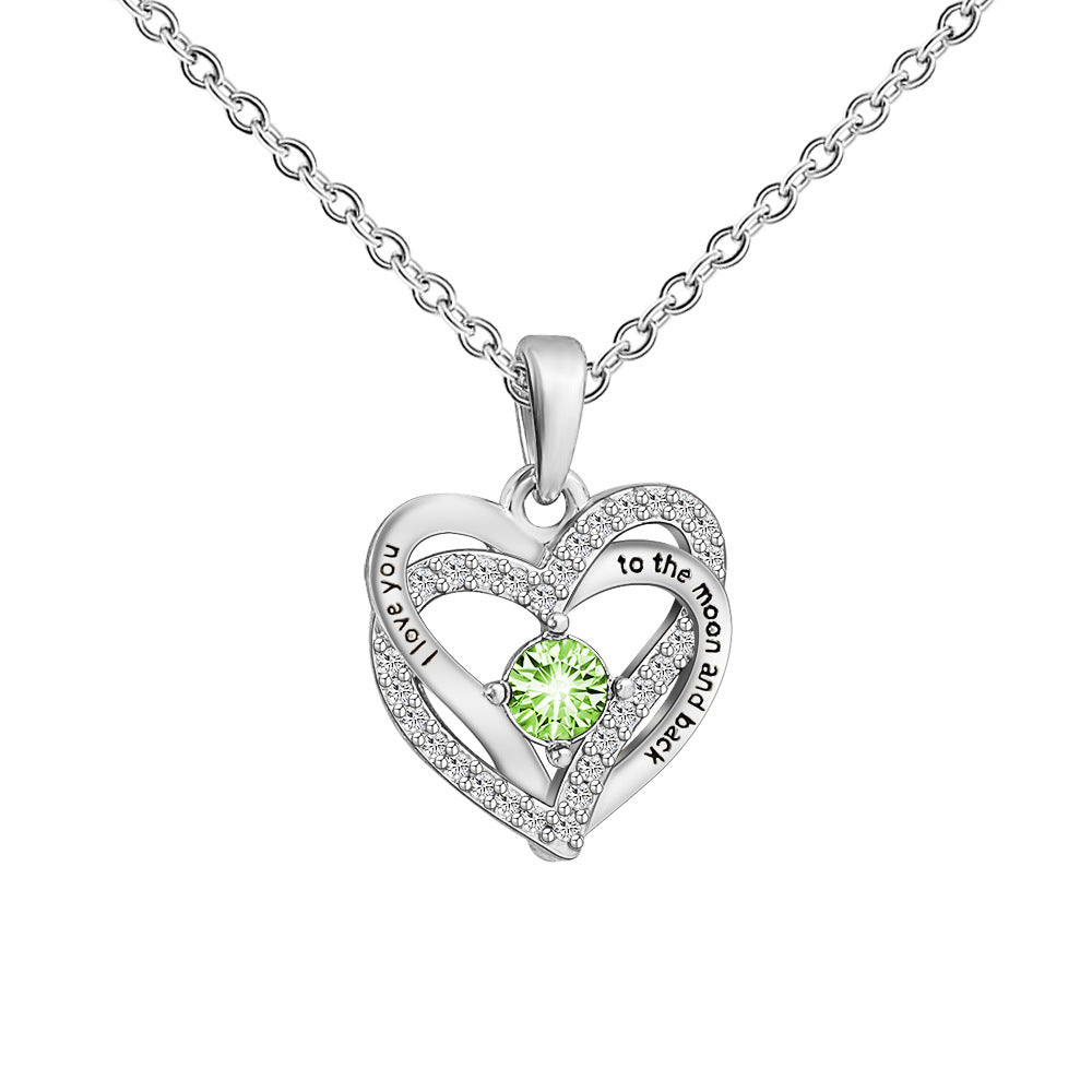 Engraved Heart Necklace Double Heart Necklace With Gemstone SILVER