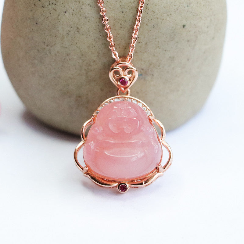 Natural Agate Pink Buddah Necklace 23A1606