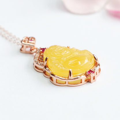 Yellow Natural Amber Buddha Necklace A160323