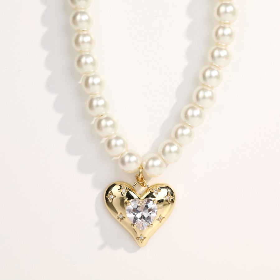 Dainty Pearl Necklace With Heart Pendant