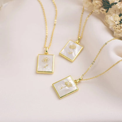 Birth Flower Square Pendant Necklace Dainty Gold Necklace