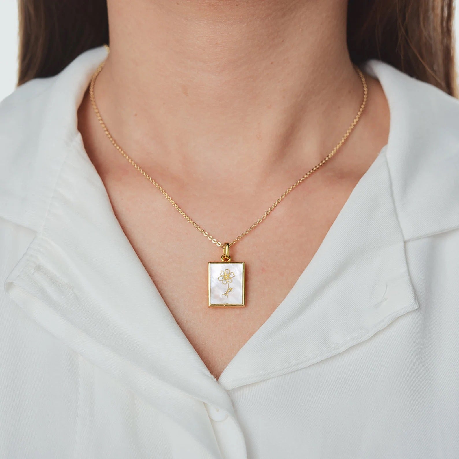 Birth Flower Square Pendant Necklace Dainty Gold Necklace