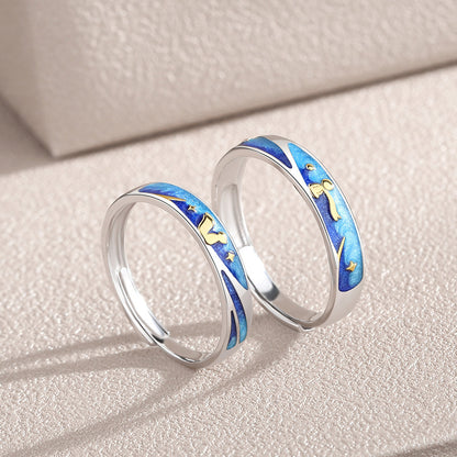 Couple Matching Blue Sterling Silver Enamel Rings