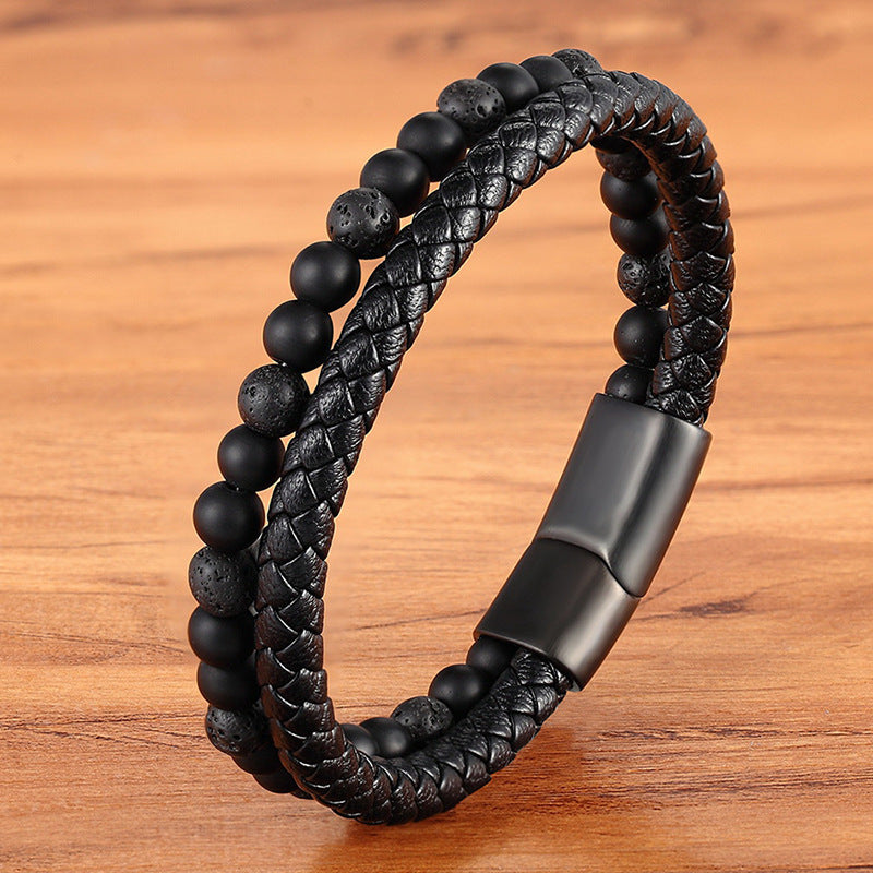 Beads Bracelet For Guys With Woven Leather