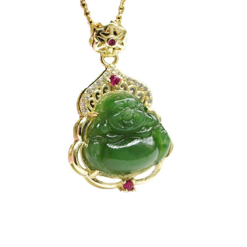 Women Green Jade Smiling Buddha Necklace A160223