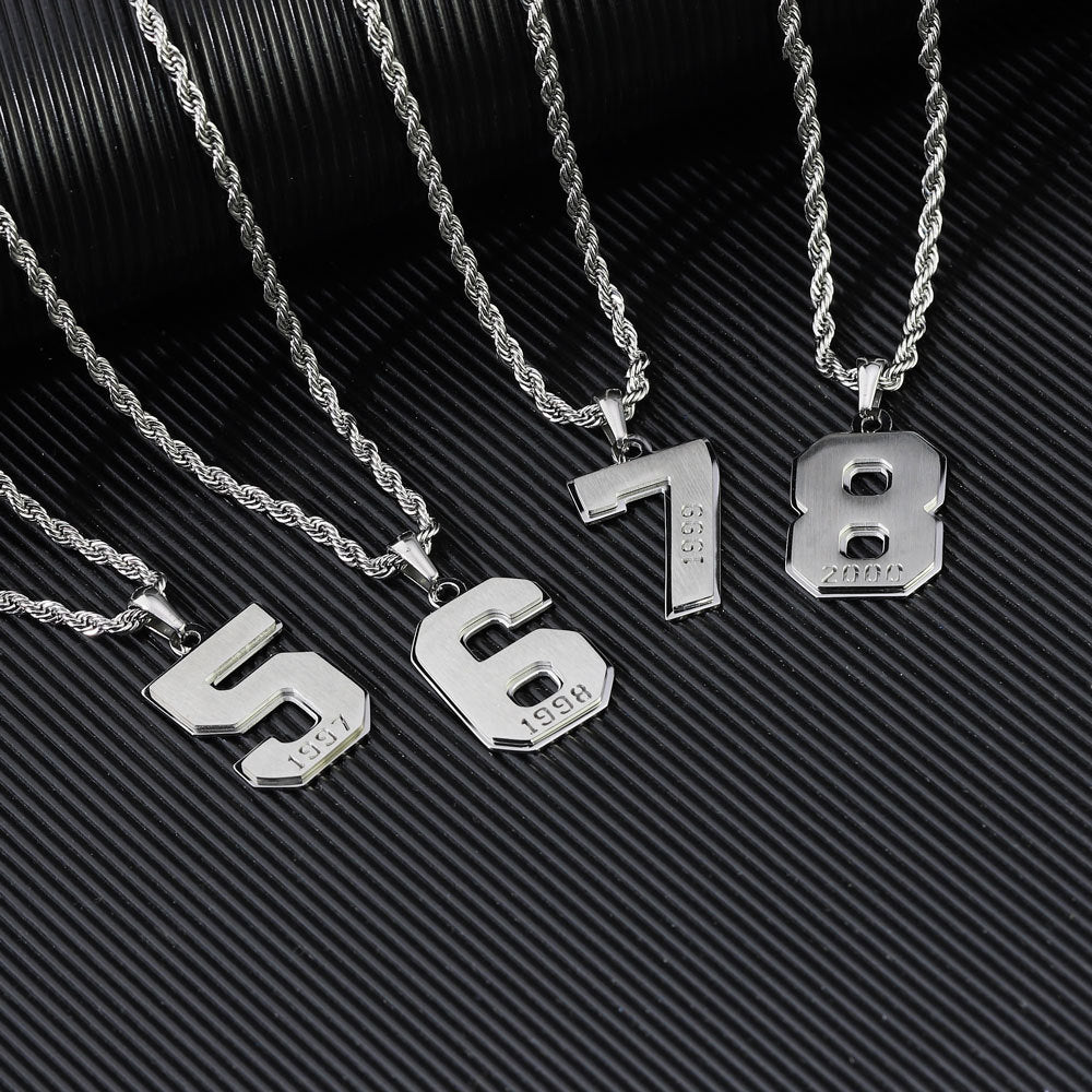 Mens Engraved Pendant Mens Number Necklace Stainless Steel Rope Chain