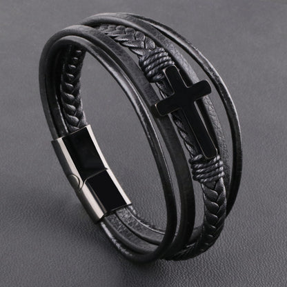 Leather Braided Bracelet Mens Cross Bracelet Black Bracelet For Men