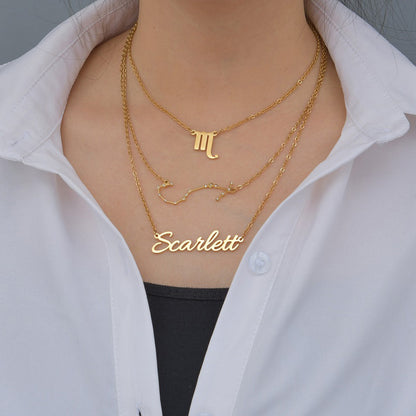 3 Layer Name Necklace Twelve Constellation Layered Nameplate Necklace