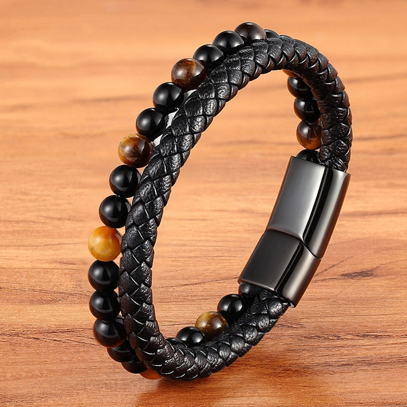 Beads Bracelet For Guys With Woven Leather